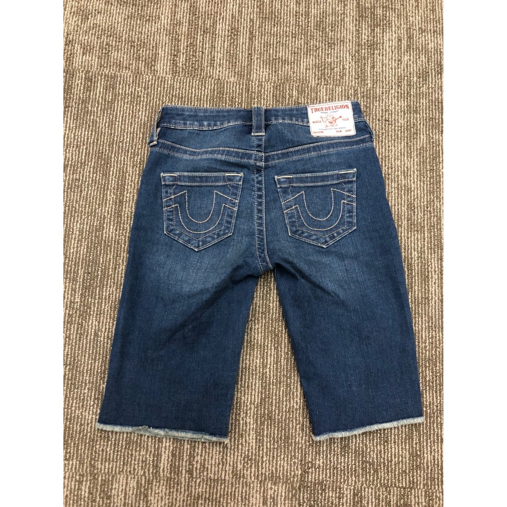 True Religion Riley Short Mid Rise Bermuda Denim Shorts Dark Wash Womens Size 24